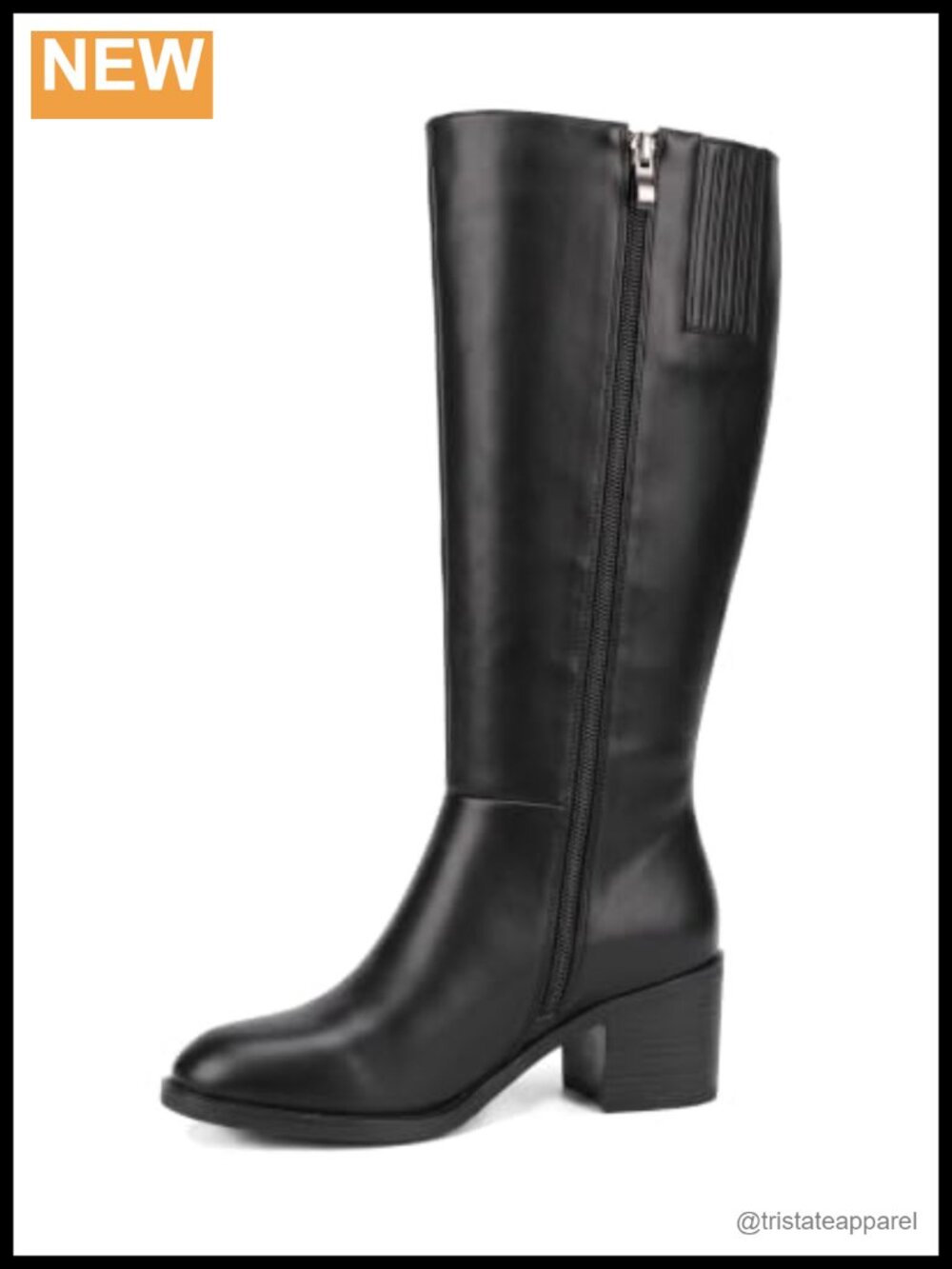 Wide Calf Knee High Boots Plus Size Round Toe Mid Heel Zip Faux Leather